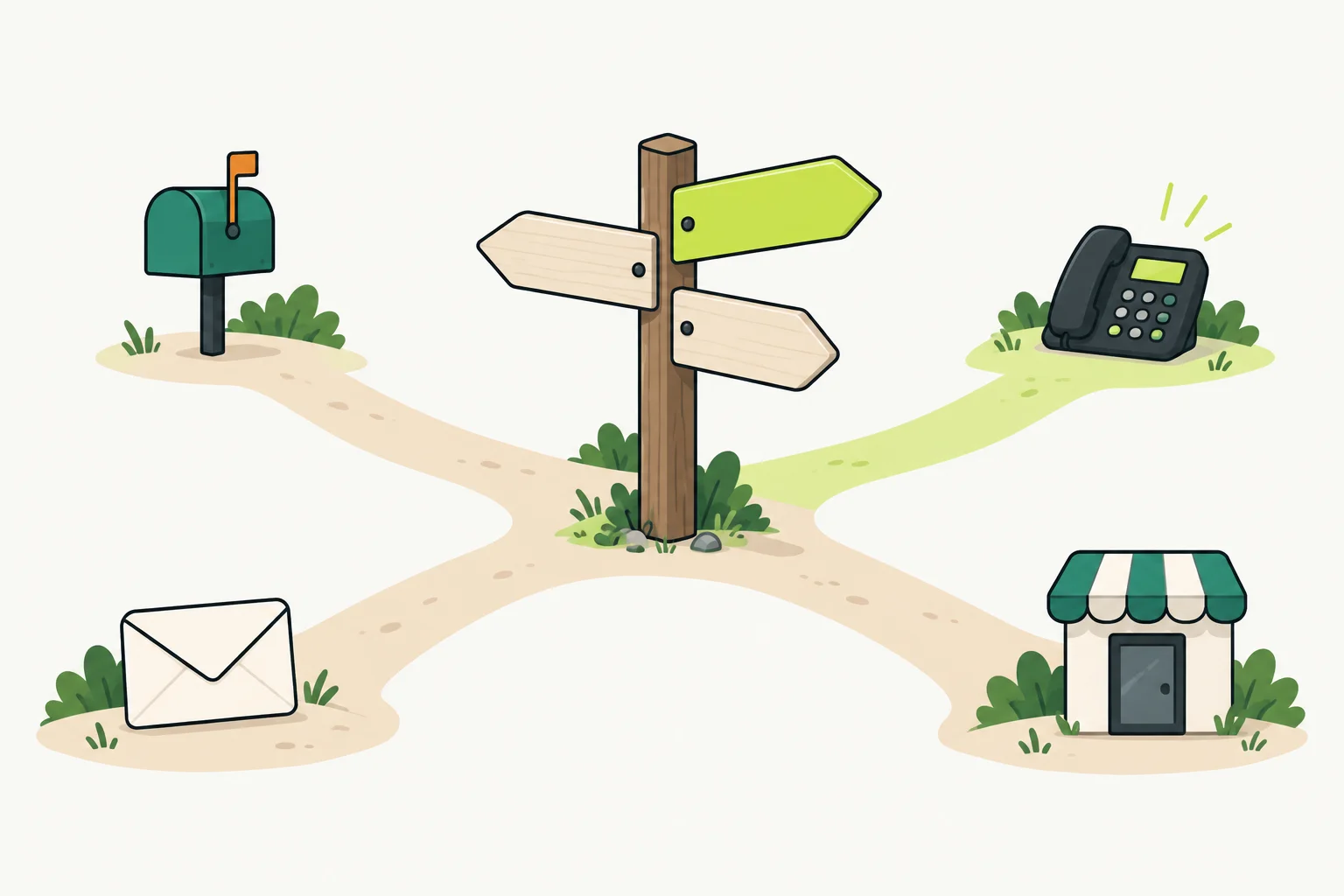A signpost where the path splits: in Ads Manager you pick the road first (calls, messages, visits) and build the ad for it.