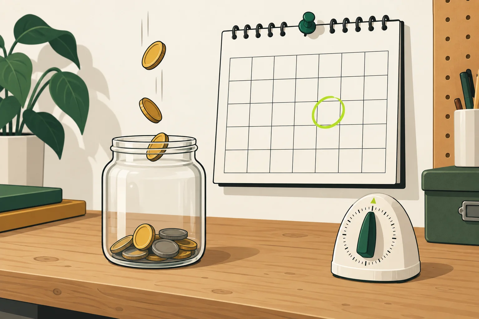 Coins going into a jar a few at a time, with the review day circled: set the budget, then leave it for the week.