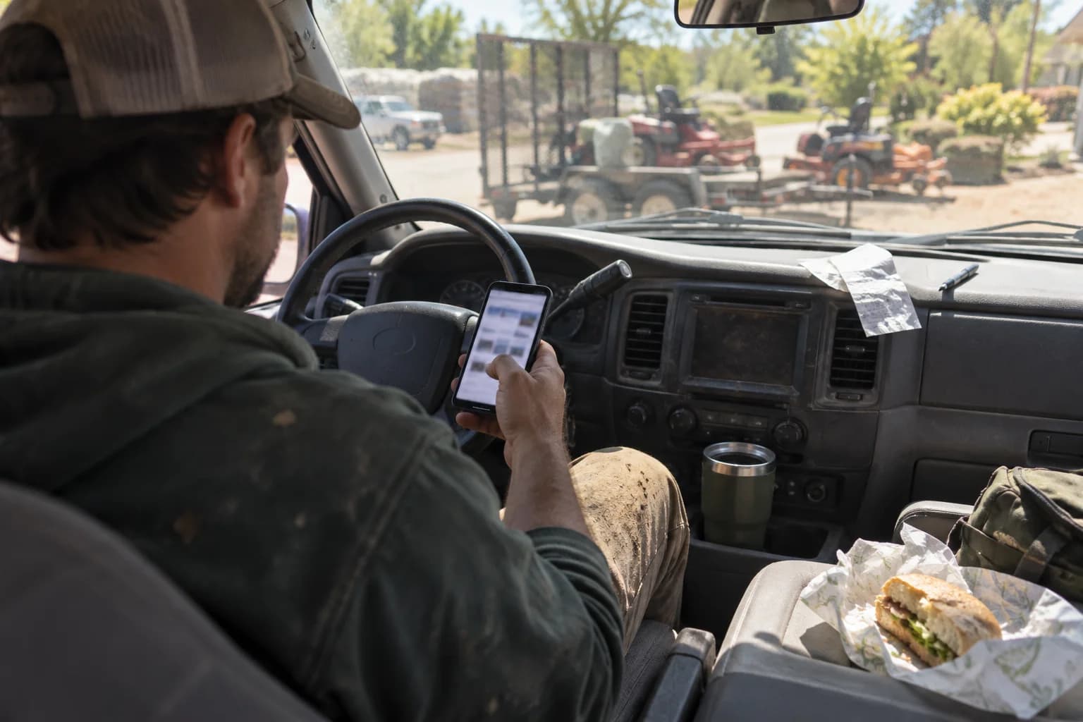 A landscaper on a lunch break in the truck, looking at a business website on a phone