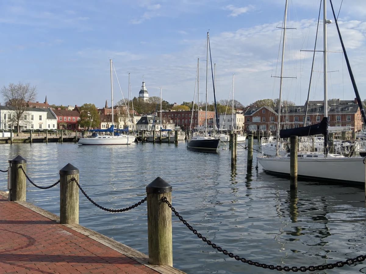 Public waterfront scene inspired by Annapolis harbor