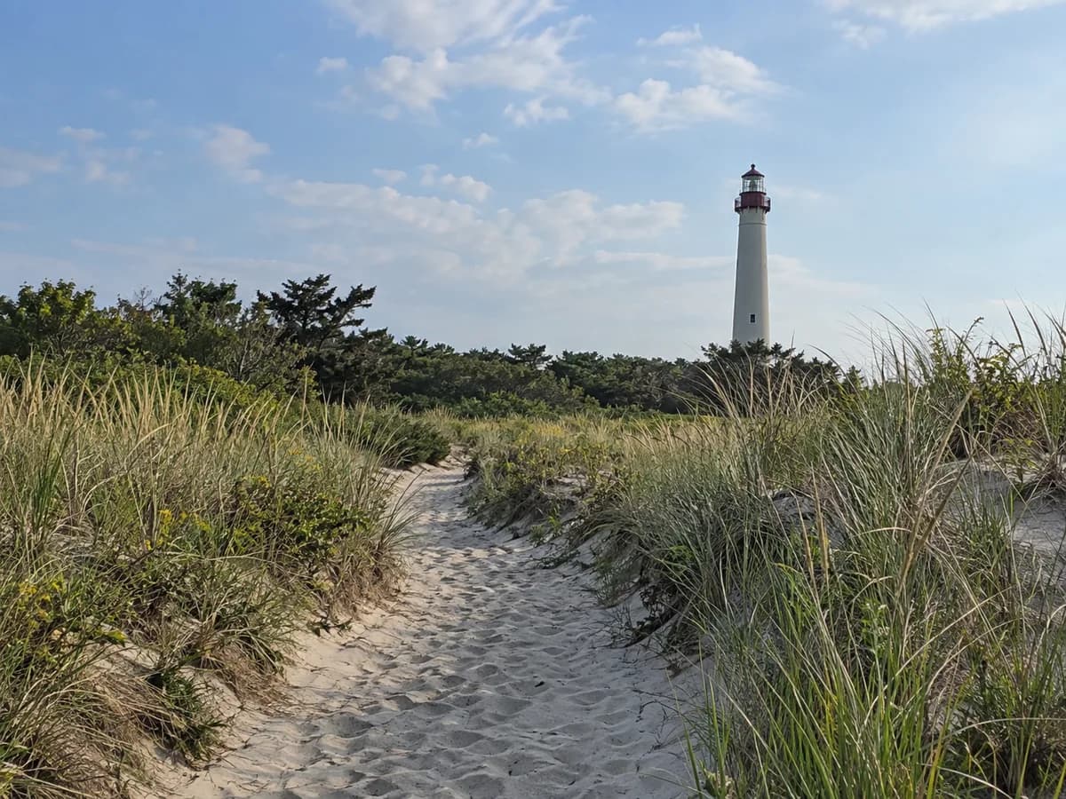 Dune path and lighthouse scene inspired by Cape May