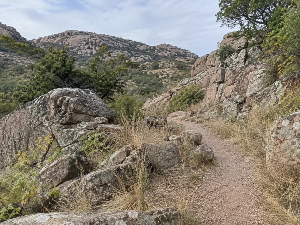 Granite outcrop and trail scene inspired by the Wichita Mountains