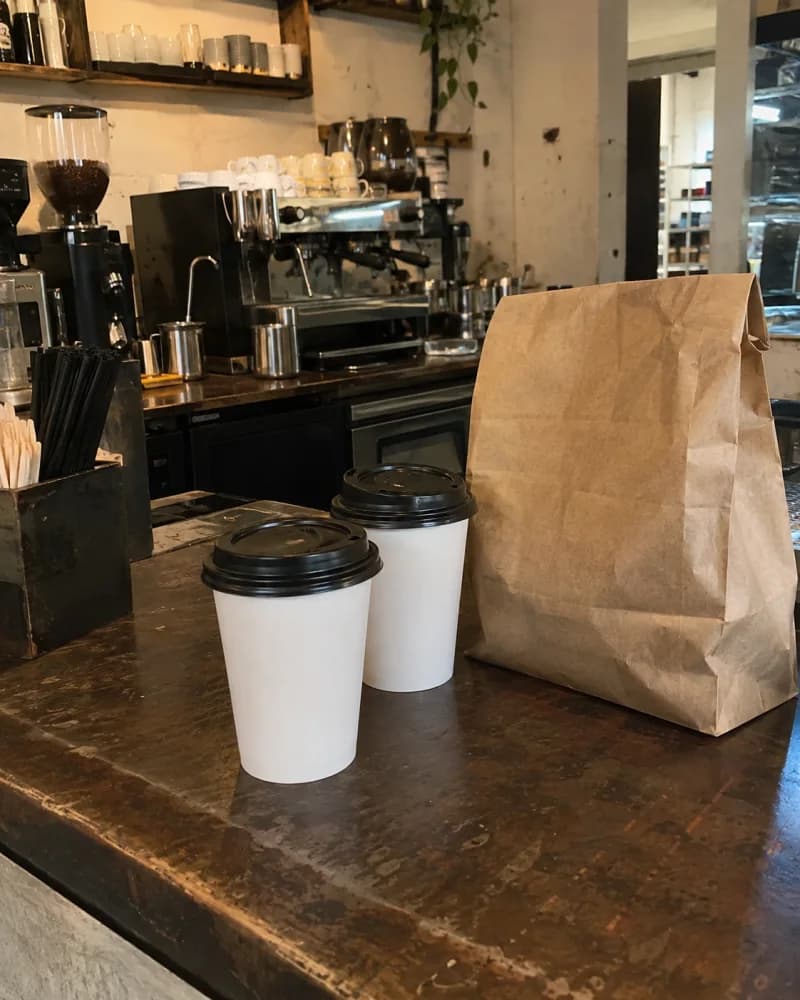 Two takeaway coffees and a paper bag on a neighborhood café counter.