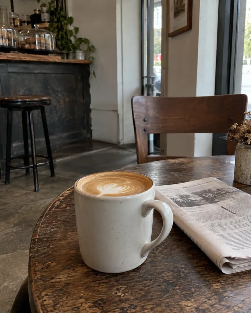 A ceramic coffee cup and a newspaper on a worn café table by the window.