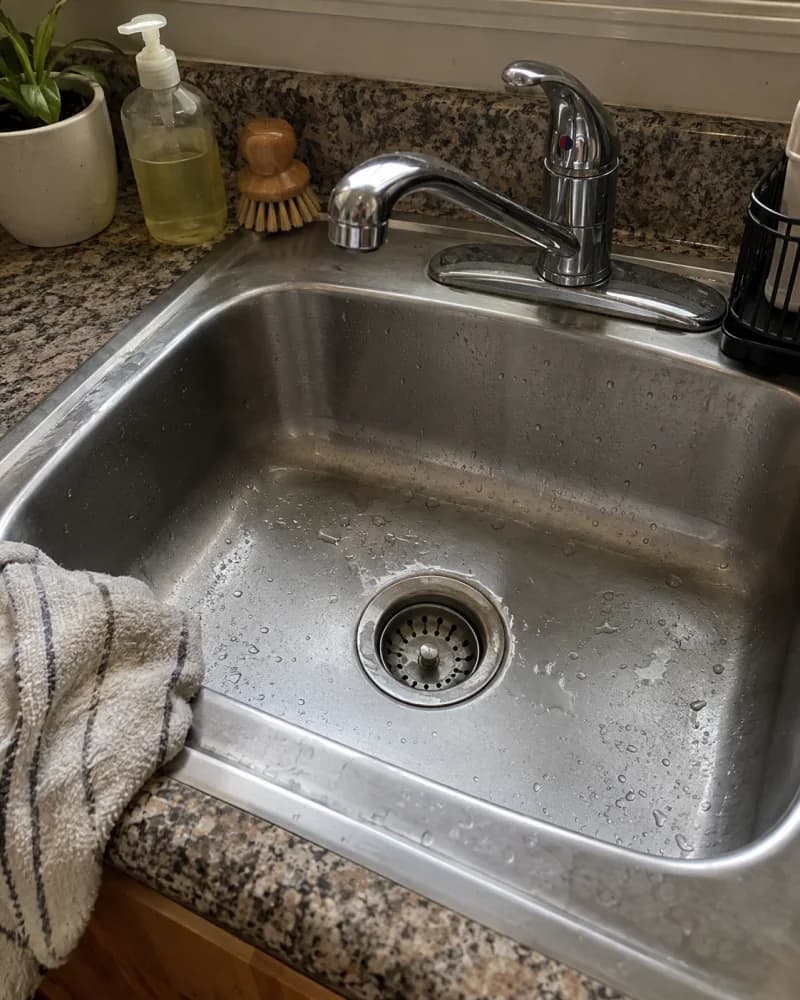 An everyday kitchen sink with water spots and a dishcloth beside the faucet.