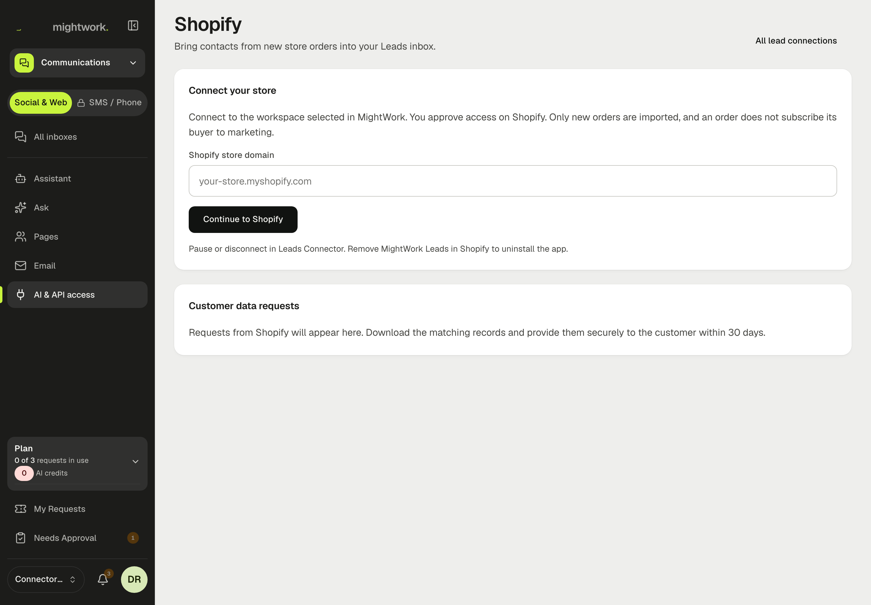 MightWork Shopify setup with the Shopify store domain field and Continue to Shopify button.