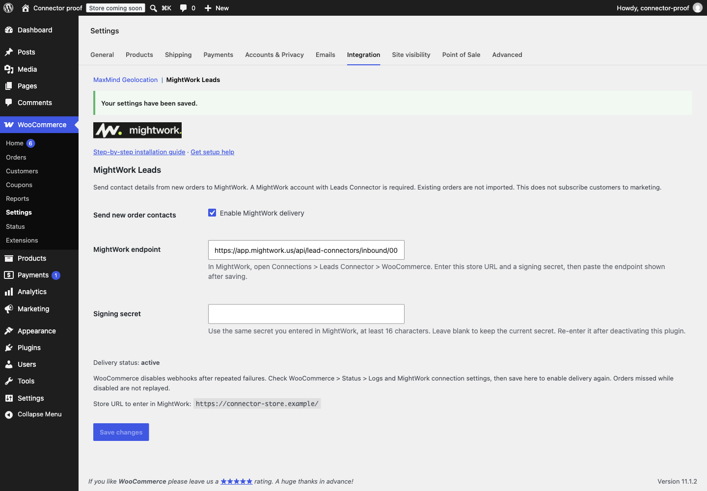 WooCommerce Integration settings for MightWork Leads, showing Enable, inbound URL and signing secret fields.